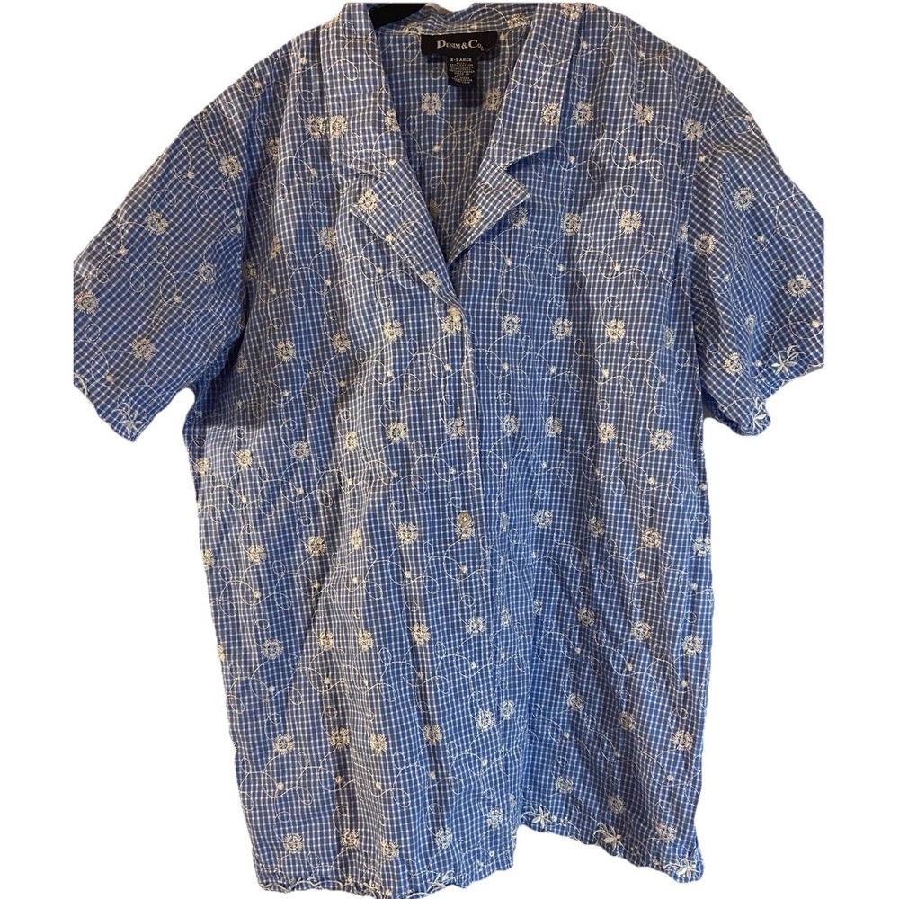 Blue & White Embroidered Gingham Women's XL Short Sleeve Blouse  Countycore Top